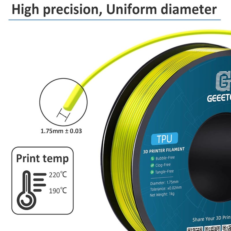 Geeetech TPU Filament 1.75mm, Shore 95A Flexible 3D Printer Filament with High Elasticity, 1KG (2.2lbs) Spool, Dimensional Accuracy ±0.03mm, Fits Most FDM Printers (Cleal Yellow) - Image 2